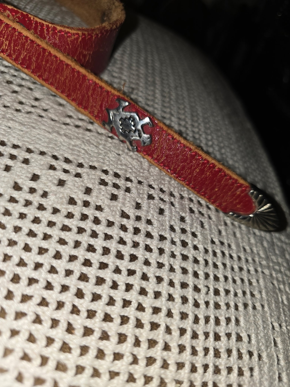 Vtg Leegin Silver Creek Red Leather Bracelet with Silver Aztec Accents